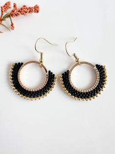 Woven Matte Black and Gold Beaded Earrings on Gold Plated Hoop Approx. 4.25 Cm Long 1.5 In. Miyuki Japanese Glass Delica Beads - Etsy Brass Beaded Hoop Earrings As Gift, Beaded Brass Hoop Earrings For Gift, Gold Small Hoop Beaded Earrings With Dangling Beads, Gold Small Hoop Earrings With Dangling Beads, Black Beaded Small Hoop Earrings As Gift, Gold Beaded Earrings With Black Beads As Gift, Adjustable Round Black Beaded Earrings, Handmade Black Beaded Small Hoop Earrings, Black Beaded Hoop Earrings Gift