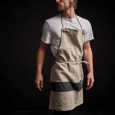 Single Stripe Chef's Apron in Natural/Black | James Perse Los Angeles Library Accessories, Men Apron, Apron Ideas, Aprons For Men, Half Apron, Chef Apron, Belgian Linen, Kitchen Aprons, Linen Apron