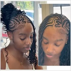 Braided Curly Mohawk, Vacay Braids For Black Women, Short Lemonade Fulani Braids With Curls, Fulani Braids Bob With Curls, Hairstyles For 13th Birthday, Lemonade Braids With Designs, Cornrows And Knotless Braids, Birthday Hairstyles Natural Hair, Birthday Braids For Black Hair