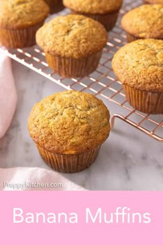 banana muffins on a cooling rack with text overlay