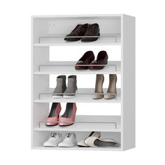 a white shelf filled with lots of different types of shoes