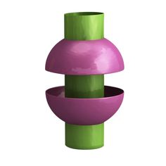 three purple and green vases stacked on top of each other in the same position