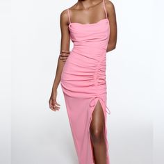 New With Tags Ruched Midi Evening Dress For Prom, Draped Midi Dress With Ruched Sides For Party, Party Midi Dress With Ruched Sides And Draped Shape, Party Midi Dress With Draped Ruched Sides, Ruched Back Midi Dress For Prom, Ruched Midi Length Evening Dress For Prom, Prom Midi Dress With Ruched Back, Summer Evening Dress With Ruched Bodice And Spaghetti Straps, Midi Prom Dress With Ruched Back