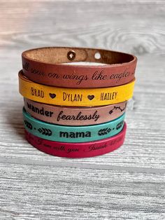 "Simple and fun! This beautiful personalized bracelet can have any engraving you wish for that special gift. Names, birthdays, coordinates, favorite quotes, bible verses. You name it!! Each bracelet is handmade in our shop. Please note each one of these is handmade so no two are exactly alike. Genuine Leather Handmade in the USA Size Height: Top to Bottom is approximately 1/2\" Width: The bracelet is 9\" long overall. Button stud openings are at 7 1/4\" and 8 1/4\" for adjustability. Please veri Women Leather Bracelet, Personalized Brown Leather Bracelet For Everyday, Leather Bracelets For Father's Day, Hand Stamped Brown Jewelry As A Gift, Hand Stamped Brown Jewelry For Gifts, Hand Stamped Brown Jewelry Gift, Personalized Brown Leather Bracelet For Father's Day, Personalized Brown Bracelet For Father's Day, Brown Bracelets For Father's Day Personalized Gift