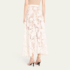 Oscar de la Renta midi skirt features a marbled carnation guipure lace finish High rise; banded waist  Side zip closure  Full length A-line silhouette Polyester Lining: Silk Made in Italy Luxury Lace Skirt With Scalloped Lace, Luxury Lace Maxi Skirt, Luxury White Midi Skirt, Oscar De La Renta Alibi, Oscar De La Renta Embroidered Dress, Evening Cocktail, Evening Flats, Cocktail Jacket, Lingerie Sleepwear