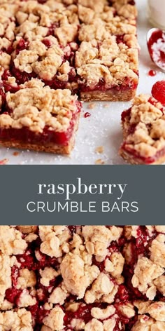 raspberry crumble bars cut into squares and stacked on top of each other