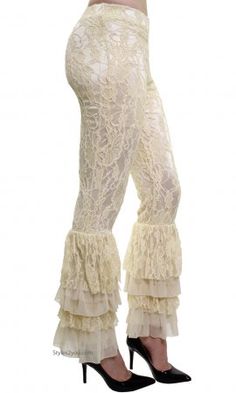 Lacey Victorian Lace Palazzo Pants, Leggings In Buttercream Victorian Fashion Aesthetic, Lace Palazzo Pants, White Lace Pants, Lace Trousers, Sacred Threads, Dance Apparel, Lace Leggings, White Flares, Hip Style