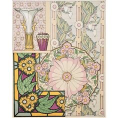 an art nouveau painting with flowers and vases