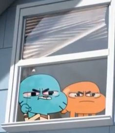 two cartoon characters are looking out the window at something in the distance with their eyes wide open