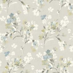 a floral wallpaper with blue, yellow and white flowers on grey background in an upclose pattern