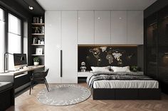 a modern bedroom with black and white decor