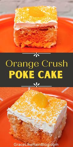 orange crush poke cake on an orange plate