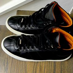 Men’s Jimmy Choo Black Shoe, Size 9 | 42 , Worn Once And It’s In Pristine Condition. Gather All That Compliments. Black Sneakers With Leather Lining, Black Calf Leather Sneakers With Rubber Heel Cap, Designer Black Sneakers With Rubber Heel Cap, Black Casual High-top Calf Leather Sneakers, Black Calf Leather High-top Sneakers With Round Toe, Classic Black Leather High-top Sneakers, Luxury Black High-top Sneakers With Contrast Sole, Designer Black Calf Leather High-top Sneakers, Luxury Black Plain Toe Sneakers