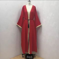 Beautiful Red For The Coming Season Elegant Red V-neck Kaftan, Red Kaftan For Eid, Elegant Long Sleeve Red Abaya, Elegant Red Long Sleeve Abaya, Red Maxi Kaftan For Eid, Red Maxi Length Kaftan For Eid, Red Long Thobe For Eid, Red Long Sleeve Spring Robe, Red Elegant Long Sleeve Robe