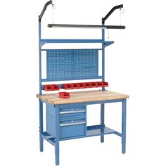 a blue workbench with drawers and tools hanging from it's sides on a white background