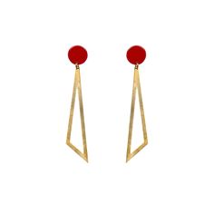 The Brigitte earrings are handcrafted from brilliant red clay with a shiny finish, adorned with a golden brass triangle charm. Pair them with red lipstick for the perfect match or wear them with your hair up to accentuate your jawline. At 7 cm long, they balance style and length, elevating any outfit effortlessly. Versatile and chic, they enhance casual or formal wear with their striking red colour and intricate craftsmanship. They are hypoallergenic and extremely lightweight too. Make a stateme Adjustable Red Formal Jewelry, Handmade Red Earrings For Formal Occasions, Red Pierced Earrings For Formal Occasions, Red Formal Pierced Earrings, Formal Red Pierced Earrings, Red Metal Earrings, Formal Red Brass Earrings, Red Brass Dangle Jewelry, Red Single Earring For Formal Occasions