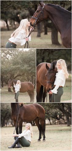 a woman is holding the bridle of a horse while another poses for pictures