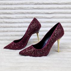 4" (10.2cm) Steel Stiletto Heel Pointed Toe Pump With Burgundy Glitter Brand New Pleaser Brand Item Burgundy 4-inch Heels For Evening, Holiday Party Sequined Heels, Holiday Party Heels With 4-inch Heel, 4-inch Heel Party Heels For Holidays, Pointed Toe Heels For Gala And Party Season, Party Court Shoes With 4-inch High Heel, Holiday Sequin High Heels, Pointed Toe Court Shoes With 4-inch Heel For Party, Party Court Shoes With 4-inch Heel And Pointed Toe