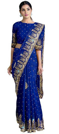 Bridal, Wedding Blue color Saree in Georgette fabric with Classic Stone work : 1739344 Blue Fitted Pre-draped Saree For Navratri, Bollywood Style Blue Pre-draped Saree With Resham Embroidery, Blue Traditional Pre-draped Saree With Intricate Embroidery, Unstitched Blue Pre-draped Saree With Intricate Embroidery, Traditional Blue Pre-draped Saree With Resham Embroidery, Festive Blue Art Silk Pre-draped Saree, Fitted Blue Pre-draped Saree With Intricate Embroidery, Fitted Blue Pre-draped Saree For Festive Occasions, Semi-stitched Royal Blue Blouse Piece For Wedding