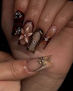 I’m obsessed 🤎✨ #nailtech #nailsnailsnails #nailinspo #nailinsporation #explore #reels #viral #houston #houstontexas #houstonnails #houstonnailtech #frenchies #brownnails #fallnails #earthy # Brown Birthday Nails Acrylic, Brown Themed Nails, Brown 3d Nails, Brown Nail Ideas Chocolate, Brown Nails With Rhinestones, Brown Nail Inspiration, Brown Orange Nails, Brown Nails With Gems, Brown And Gold Nails Designs