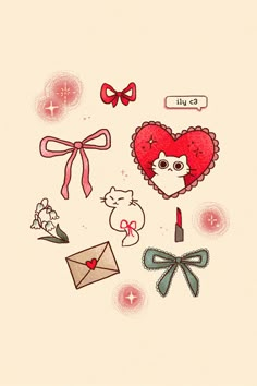 an image of valentine's day greeting card with hearts, bows and other items