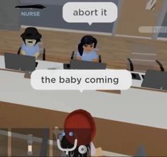 two people sitting at desks in front of laptops with speech bubbles above them that say, about it the baby coming