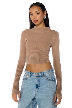 WILLOW CORSET LONG SLEEVE TEE IN LIGHT BROWN – AKIRA Trendy Ribbed Long Sleeve Top For Spring, Cotton Ribbed Knit Top, Fitted Cotton Ribbed Knit Top, Fitted Ribbed Cotton Knit Top, Ribbed Cotton Knit Top, Trendy Beige Ribbed Top, Trendy Ribbed Beige Top, Trendy Long Sleeve Top For Layering With Ribbed Detail, Fitted Ribbed Long Sleeve Top Casual