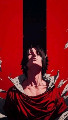 an anime character with black hair and red eyes, standing in front of a red background