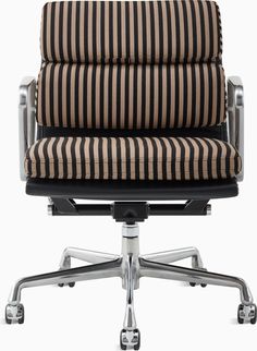 an office chair with black and brown striped upholstered seat padding, viewed from the front