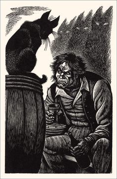 a black and white drawing of a cat sitting on top of a barrel next to a man