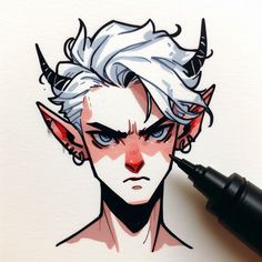 a drawing of an elf with white hair and horns on it's head, next to a black marker