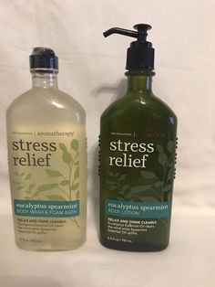 2 pieces Aromatherapy Eucalyptus Spearmint Stress Relief 2 pc set Moisturizing Body Lotion, and Body Wash & Foam Bath Because you deserve relaxation. Eucalyptus oil clears the mind. Spearmint oils soothes and uplifts. This set includes: ITEM 1  Moisturizing Body Lotion Cream (6.5 oz) What it does: provides continuous moisture all day. Why you'll love it: Infused with the good stuff (natural essential oils, vitamin E, aloe and shea butter) Lightweight, fast absorbing and hydrating Made without pa Luxury Bubble Bath, Natural Body Cleanse, Gentle Face Scrub, Body Perfume, Lotion Gift, Bath N Body Works, Bath Gel, Gel Set