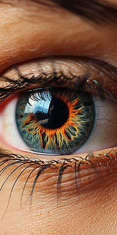 an eye with orange and blue iris