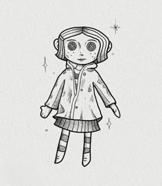 a black and white drawing of a girl in a coat