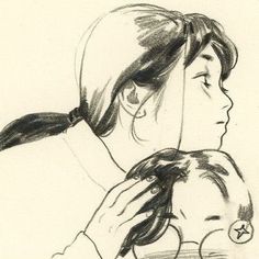 a drawing of a woman with her hair in a ponytail combing another woman's hair