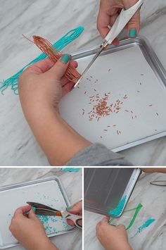 the process of painting with acrylic paint is being performed by someone using scissors