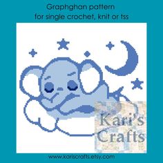 a cross stitch pattern with an elephant on it's back and the words kawai's crafts written in blue