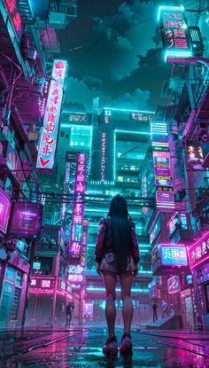 a woman standing in the middle of a city at night with neon signs above her