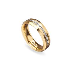 a yellow gold wedding ring with white diamonds