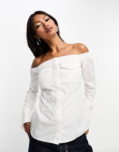 Top by ASOS DESIGN Call off the search Bardot neck Button placket Chest pockets Regular fit Drop Top, Pocket Shirt, Sunglasses Shop, White Shop, Body Fit, Jeans Shop, White Style, The Search, Button Placket