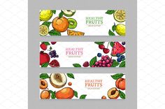 three horizontal banners with fruits and berries on the sides, one for healthy fruit market