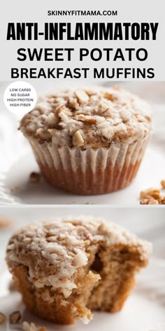 a muffin on a plate with the words, anti - inflamatory sweet potato breakfast muffins