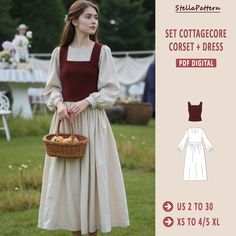 a woman wearing a dress and holding a basket full of fruit in her hand, with the text set cottagecorre corset + dress pd digital