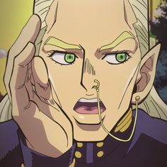 an anime character with green eyes and blonde hair