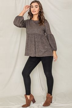 95% Polyester 5% Spandex Made in the USA Empire waist, Elastic Waistband, Bishop Sleeves with elastic Size: 1X(18), 2X(20), 3X(22) 1X: Bust 43" Length 29"2X: Bust 45" Length 29.5"3X: Bust 47" Length 30" Bishop Sleeve, Knit Tunic, Womens Tunics, Empire Waist, What If, Beautiful Outfits, Mocha, Open Shoulder Tops, Full Length