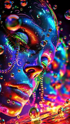 a woman's face is covered in colorful bubbles and water, as if she was floating