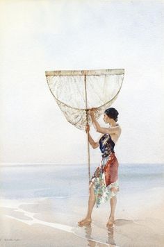 a painting of a woman holding a net on the beach