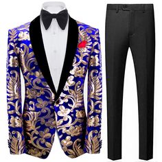 Product Detail Material: 65% Polyester 35% Viscose Design Shawl Collar & Sequin Embroidery Package 1*Jacket Occasion Stage / Red Carpet / Party / Dinner Jacket / Party A classic emblem of refined taste and individual fashion, The men's royal vintage gold flowery sequin blue tuxedo jacket is an item you won't find anywhere else. This jacket's beautiful gold flowery sequin pattern on a deep blue background is the new standard in vintage-inspired elegance for formalwear.This shade of blue will make Royal Blue Long Sleeve Suit For Wedding, Gold Fitted Blazer With Lapel Collar, Winter Party Blue Blazer, Elegant Embroidered Outerwear With Notch Lapel, Gold Fitted Suits For Spring, Blue Long Sleeve Party Suit, Spring Embroidered Notch Lapel Blazer, Formal Long Sleeve Festive Outerwear, Formal Long Sleeve Blazer For Festive Season