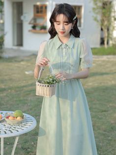 ❤Sheer puff sleeve French ribbon dress❤ Light Green Puffy Sleeve Dress, Green Puff Sleeve Dress With Gathered Sleeves, Green Knee-length Puff Sleeve Summer Dress, Vintage Green Puff Sleeve Dress, Green Midi-length Puff Sleeve Dress With Ruffles, Y2k Dresses, Prom Dresses Yellow, Ribbon Dress, Women Cargos