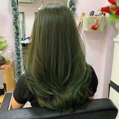 Green And Brown Hair Aesthetic, Green Highlights In Light Brown Hair, Moss Colored Hair, Swamp Witch Hair, Green Tinted Hair, Dark Green Brown Hair, Green Tea Hair Color